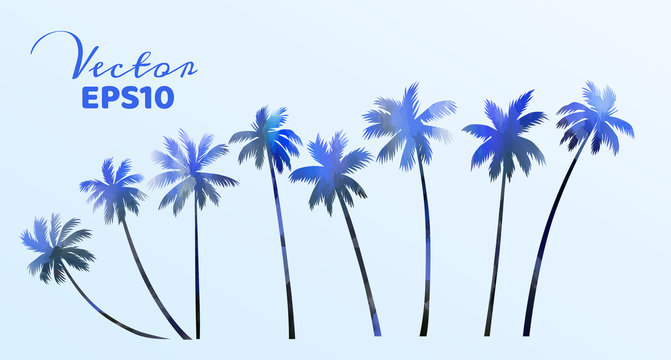 Set of watercolor palm trees . Coconut plant isolated. Vector illustration
