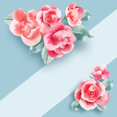 Wedding flowers frame on pastel blue background from above. Beautiful pink roses template. Flat lay. Vector illustration