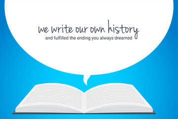 Open book with bubble text and blue background