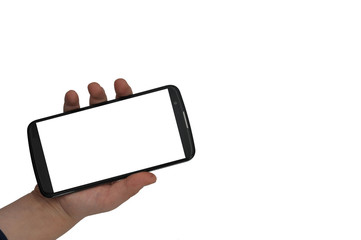 children's hand hold cell phone isolated on white background