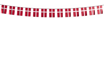 beautiful feast flag 3d illustration. - many Denmark flags or banners hangs on string isolated on white