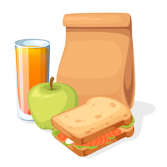 Lunch paper bag with juice, apple and sandwich. Recycle brown paper bag. Flat vector illustration isolated on white background