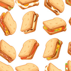 Seamless pattern. Various icon collection of meat and vegetable sandwiches. Two pieces of bread. Sweet tasty breakfast or fast food. Flat vector illustration on white background