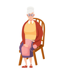 Senior Woman in casual clothes. Grandmother sit on wooden chair and knits. Cartoon character design. Flat vector illustration isolated on white background