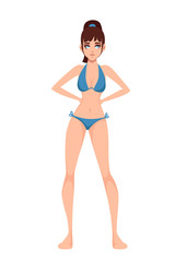Beautiful women wearing blue modern style swimsuit. Cartoon character design. Flat vector illustration isolated on white background