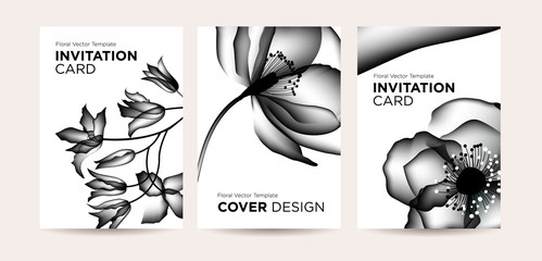 Design template of of invitation cards with abstract spring flowers for the hotel, beauty salon, spa, restaurant, club. Set of monochrome floral templates. Vector illustration