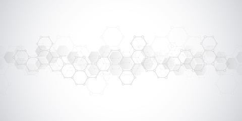 Abstract background of science and innovation technology. Technical background with hexagons pattern and molecular structures.
