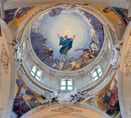 CATANIA, ITALY - APRIL 6, 2018: The fresco of Assumption of Virgin Mary and four Evangelists in cupola of church Basilica Maria Santissima dell'Elemosina by Giuseppe Sciuti (1896).