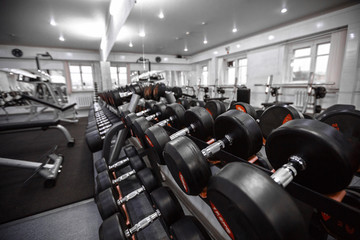 Close-up of dumbbells in the gym