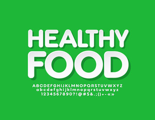 Vector modern logotype Healthy Food with white Alphabet Letters, Numbers and Symbols. Flat trendy Font 