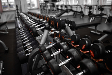 Close-up of dumbbells in the gym