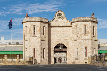The historic Fremantle Prison and the Australian flag on a beautiful sunny day, Western Australia