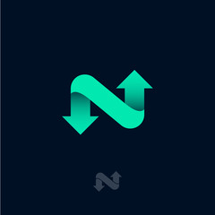N logo. Green ribbon with arrows. N monogram.  Letter with directions. Network icon. 