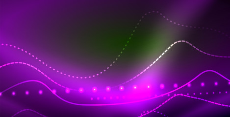 Glowing abstract wave on dark, shiny motion, magic space light. Techno abstract background