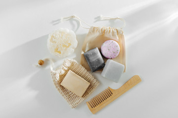Eco natural Soap and Solid Shampoo Bars. Zero waste concept. Plastic free. Flat lay, top view