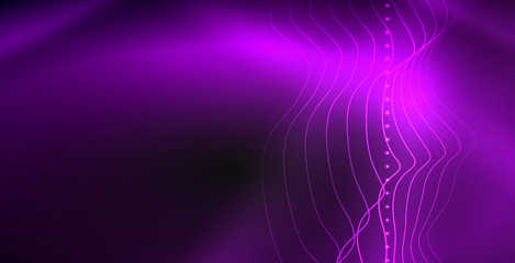 Glowing abstract wave on dark, shiny motion, magic space light. Techno abstract background