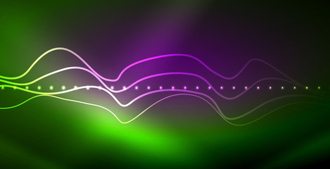 Glowing abstract wave on dark, shiny motion, magic space light. Techno abstract background