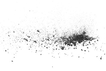 Obraz premium Black charcoal dust, gunpowder blast effect isolated on white background and texture, top view and clipping path