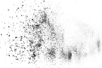 Black charcoal dust, gunpowder blast effect isolated on white background and texture, top view and clipping path