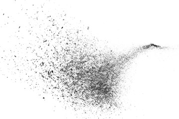 Black charcoal dust, gunpowder blast effect isolated on white background and texture, top view and clipping path