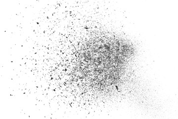 Black charcoal dust, gunpowder blast effect isolated on white background and texture, top view and clipping path
