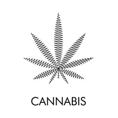 Logotipo abstracto con texto CANNABIS con hoja de marihuana lineal en zig zag en color negro
