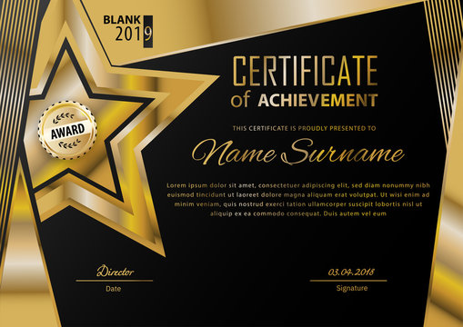 Official Black Certificate With Gold Design Elements. Business Modern Design. Gold Emblem