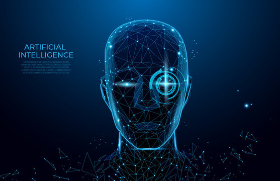 Robot or cyborg man with AI. Robot with artificial intelligence.  Machine, learning. Biometric scanning, 3D scanning. Face ID. Face recognition. scan technology.Polygon vector wireframe concept