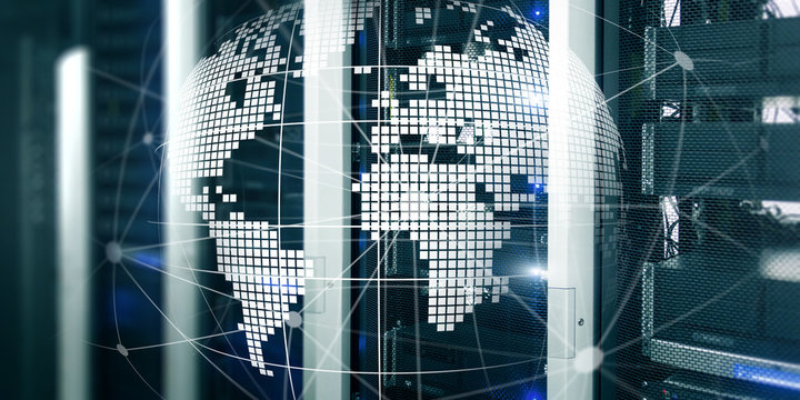 Futuristic modern data center with Holographic 3d planet earth Technology Banner. Telecommunication internet concept.