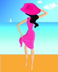 girl on the sea looks at the yacht