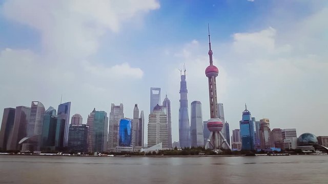 Shanghai china-Sep 10 2013,Timelapse of Boats crosses the Huangpu River in Shanghai, China. View from the Bund