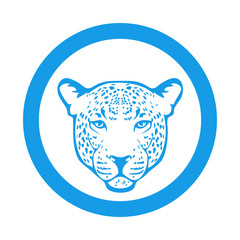 Icono plano silueta cabeza de leopardo en círculo color azul © teracreonte