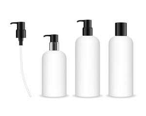 Cosmetic plastic bottle with black dispenser pump. Liquid container for gel, lotion, cream, shampoo, bath foam. Beauty product package, vector illustration.