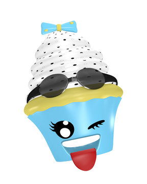 Kawaii Emoticon als Cupcake mit zwinkernden Auge und rausgestreckter Zunge.