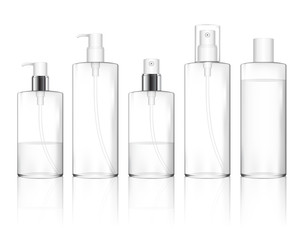 Cosmetic plastic bottle with different caps (spray, dispenser pump). Liquid container for gel, lotion, cream, shampoo, bath foam. Beauty product package (transparent). Vector illustration.