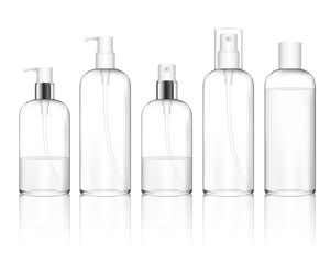 Cosmetic plastic bottle with different caps (spray, dispenser pump). Liquid container for gel, lotion, cream, shampoo, bath foam. Beauty product package (transparent). Vector illustration.