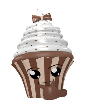 Kawaii Emoticon als Cupcake in Denkerpose. 3d Rendering