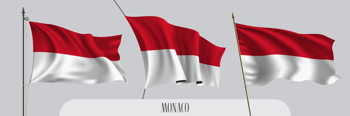 Set of Monaco waving flag on isolated background vector illustration