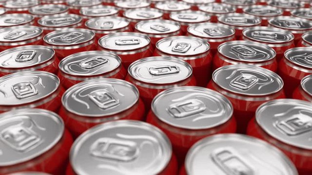Carbonated energy drinks production. Modern conveyor. Red aluminum soda can. Recycling concept. Metal texture