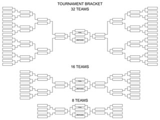 Table of quarter-final playoff sports games competitions. Tournament bracket for 32, 16 and 8 teams. Blank vector scheme on a white background.