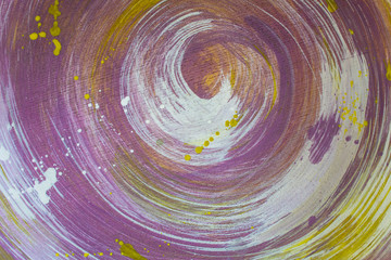 bright purple white gray circles and splashes of yellow paint on a wooden surface. rough texture