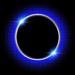 Silver sparkling ring with blue neon glitter on black background