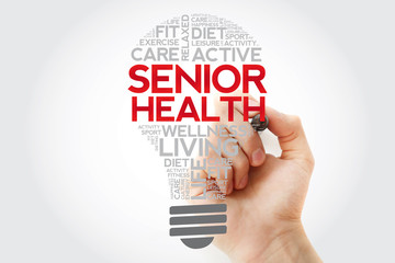 Senior health bulb word cloud with marker, health concept