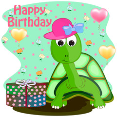 birthday greeting card with cute turtle. cartoon turtle vector illustration.