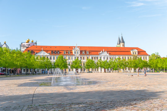 Major square with fountains in Magdeburg by Cathedral and Government Office