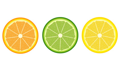 Set of circle slices of orange, lemon and lime on white backgroud. Colorful slices citrus. Vector EPS10.