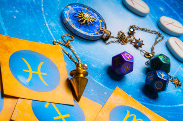 esoteric fortune teller tools - magic pendulum, runes, zodiac pendant, astrology dice and zodiac...