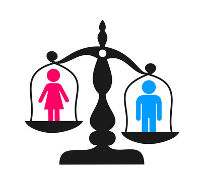 Discrimination and enequal inequality based on sex and gender - man and male as superior to inferior womna and female. Issue of social handicap and disadvantage,. Vector illustration