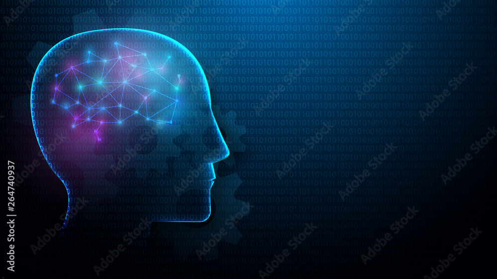 Aufkleber Human head and brain with Artificial intelligence concept from lines, triangles and particle style design. Illustration vector