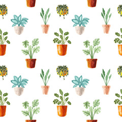 Watercolor houseplants. Hand painted house green plants in flower pots. Flowers isolated on white background.